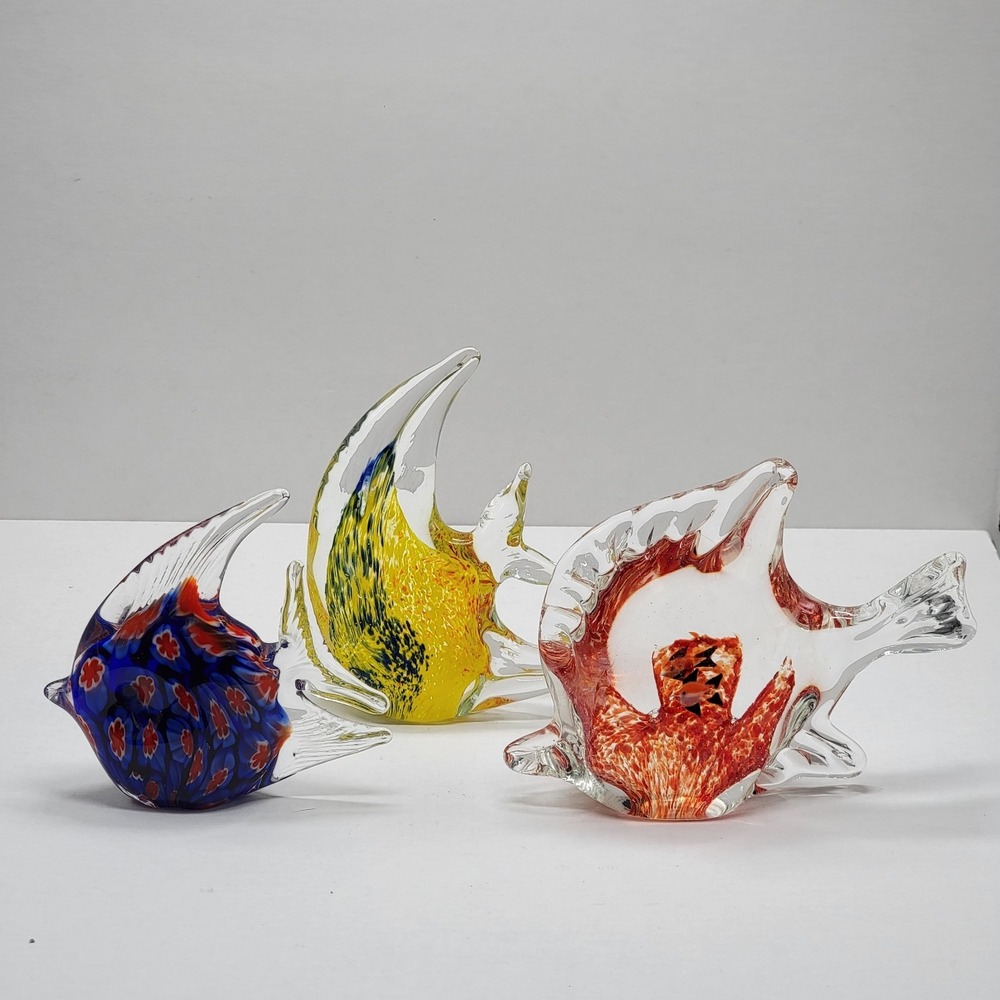 Art Glass Murano-Style Tropical Angel Fish Paperweights Lot of 3 Blue Yellow